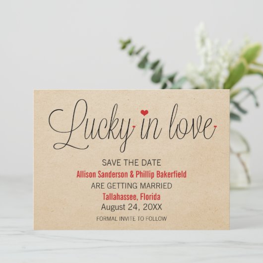 Invitation Lucky in Love Save the Date, Rouge (Debout devant)