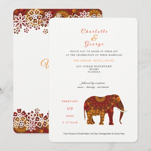 Invitation Lucky Indian Elephant Élégant mariage de dentelle (Devant / Derrière)