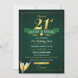 Invitation Lucky & Legal 21st Birthday Green & Gold Glitter