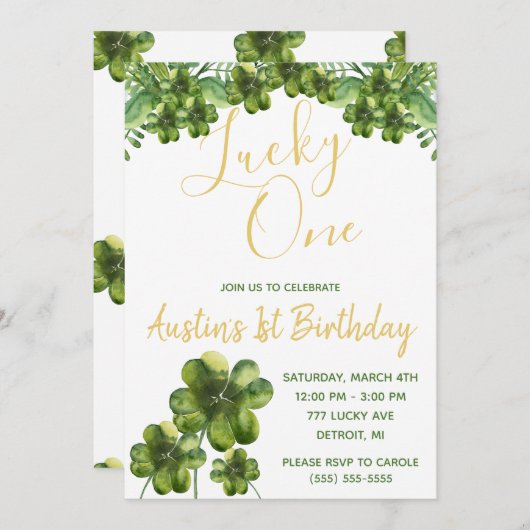 Invitation Lucky One, Four Leaf Clover Premier Anniversaire (Devant / Derrière)