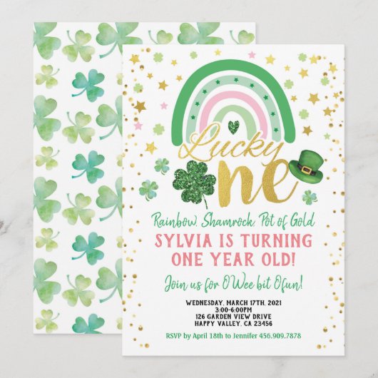 Invitation Lucky One Girl First Birthday St Patrick's Day (Devant / Derrière)