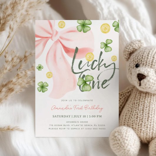 Invitation Lucky One Pink Bow St. Patrick's Girl 1st Birthday
