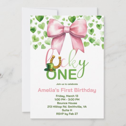 Invitation Lucky One rose et vert Premier anniversaire (Devant)