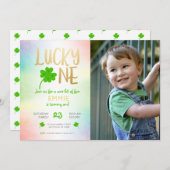 Invitation Lucky One St. Patricks Day Shamrock Photo Annivers (Devant / Derrière)