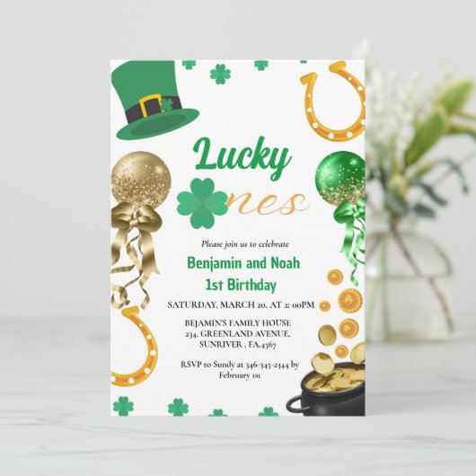 Invitation Lucky One Twin 1er anniversaire St Patrick's Day B (Debout devant)