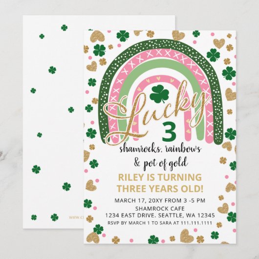 Invitation Lucky Shamrock Rainbow St Patrick Girl Anniversair (Devant / Derrière)