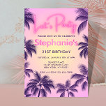Invitation Lueur néon rose Palmiers Let's Party au coucher du<br><div class="desc">Conception de lueur néon rose "Let's Party" au coucher du soleil avec des palmiers violets,  conviendrait parfaitement pour une fête de fille adolescente,  21e anniversaire,  enterrement de vie de jeune fille et autres occasions girly.</div>