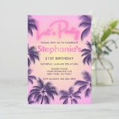 Invitation Lueur rose néon Faisons la fête Palmiers au couche (Debout devant)