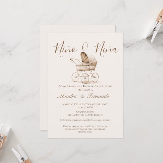 Invitation Lui ou Elle Bébé Poussette Genre Révéler Invitat (Devant/Arrière en situation)