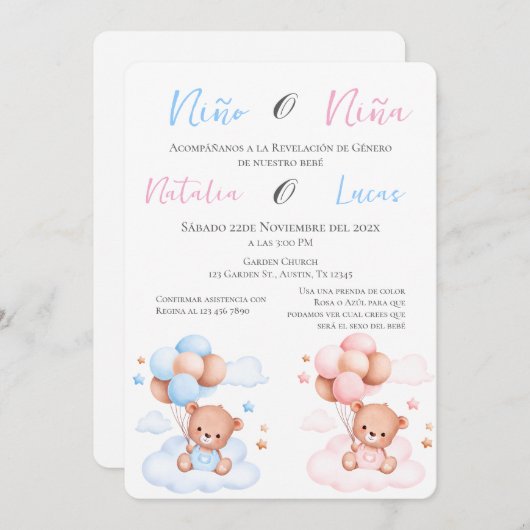 Invitation Lui ou elle Bleu ou rose Genre Reveillez Invitatio (Devant / Derrière)