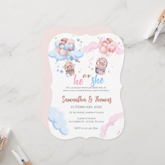 Invitation Lui ou elle Bleu ou rose Genre Reveillez Invitatio (Devant/Arrière en situation)