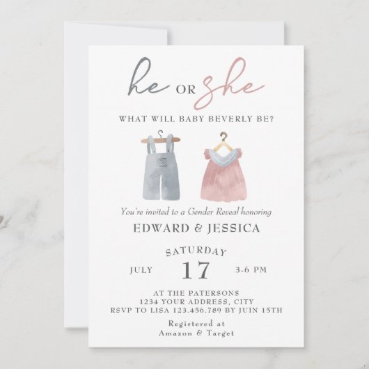 Invitation Lui ou elle Ce que bébé sera aquarelle Boho modern (Devant)