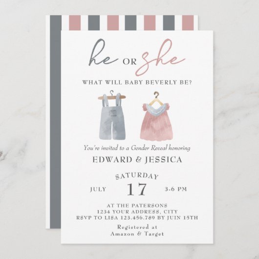 Invitation Lui ou elle Ce que bébé sera aquarelle Boho modern (Devant / Derrière)