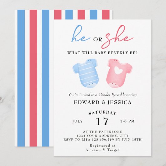 Invitation Lui ou elle Ce qui sera bébé sera bleu rose minima (Devant / Derrière)