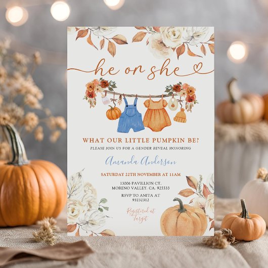 Invitation Lui ou elle Citrouille Vêtements de bébé Révélatio