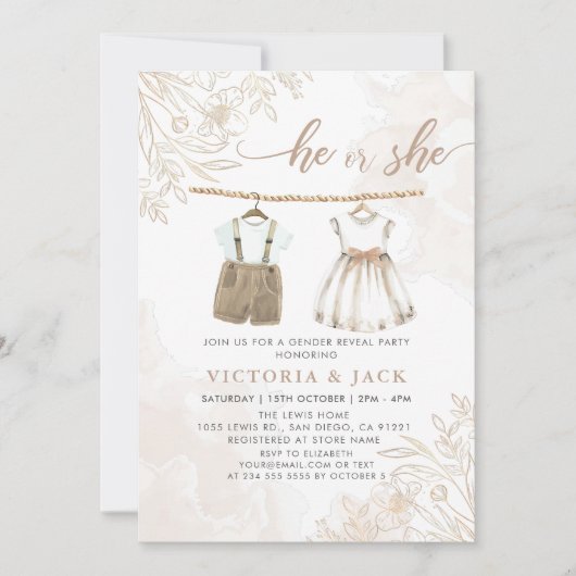 Invitation Lui ou elle Fleur sauvage Vêtements de bébé Révéla (Devant)