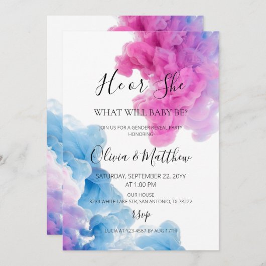 Invitation Lui ou Elle Fumée rose bleue Genre révéler Invitat (Devant / Derrière)