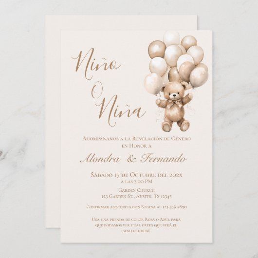 Invitation Lui ou elle Teddy Bear avec des ballons Révélation (Devant / Derrière)