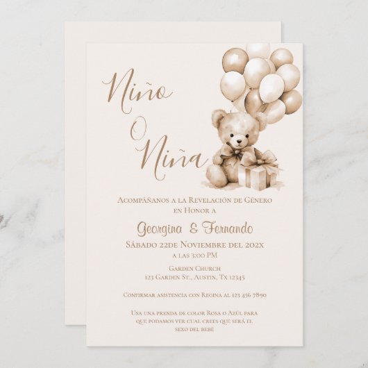 Invitation Lui ou elle Teddy Bear avec des ballons Révélation (Devant / Derrière)