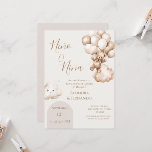 Invitation Lui ou elle Teddy Bear avec des ballons Révélation (Devant/Arrière en situation)