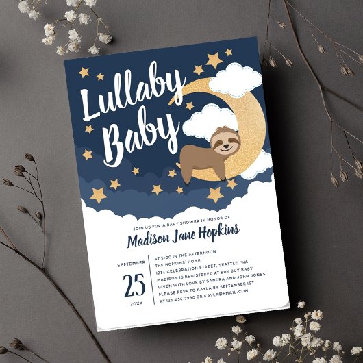 Invitation Lullaby Baby Sloth Moon Baby shower