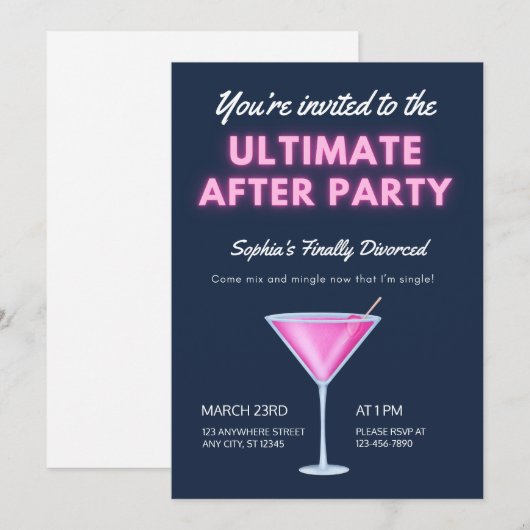 Invitation L'Ultimate Afterparty Neon Martini Divorce Party (Devant / Derrière)