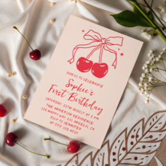 Invitation Lumber & Red Bow Cherry Fruit 1st Birthday Party