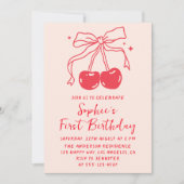 Invitation Lumber & Red Bow Cherry Fruit 1st Birthday Party (Devant)