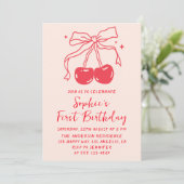 Invitation Lumber & Red Bow Cherry Fruit 1st Birthday Party (Debout devant)