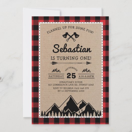 Invitation Lumberjack 1er anniversaire Woodland Adventure Par (Devant)