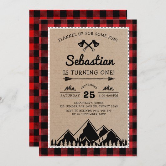 Invitation Lumberjack 1er anniversaire Woodland Adventure Par (Devant / Derrière)