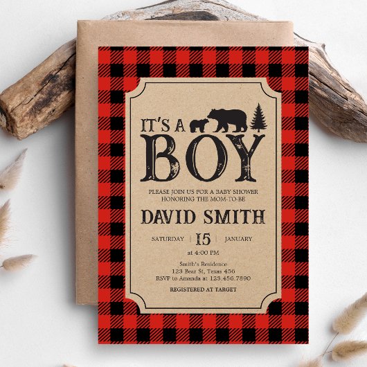 Invitation Lumberjack Bear Baby Shower 
