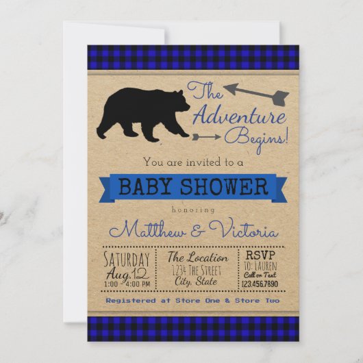 Invitation Lumberjack Bleu Buffalo Plaid Boy Bear Baby shower (Devant)