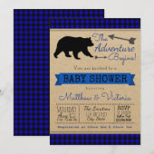 Invitation Lumberjack Bleu Buffalo Plaid Boy Bear Baby shower (Devant / Derrière)