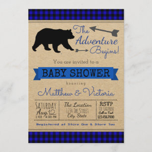Invitation Lumberjack Bleu Buffalo Plaid Boy Bear Baby shower
