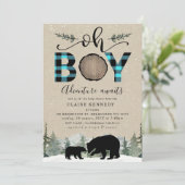 Invitation Lumberjack Blue Flannel Kraft Oh Boy Baby shower (Debout devant)