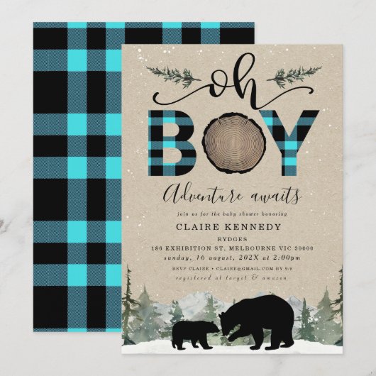 Invitation Lumberjack Blue Flannel Kraft Oh Boy Baby shower (Devant / Derrière)