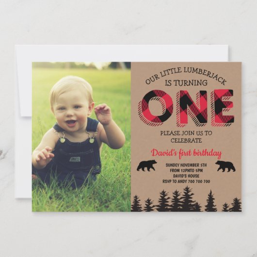 Invitation Lumberjack Boy Premier anniversaire Red Flannel Ph (Devant)
