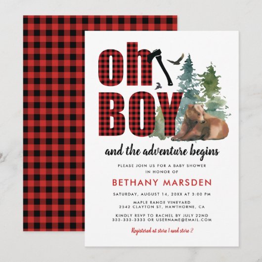 Invitation Lumberjack Flannel ours Baby shower garçon (Devant / Derrière)
