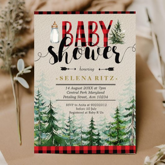 Invitation Lumberjack Forêt d'hiver Baby shower à plaies roug