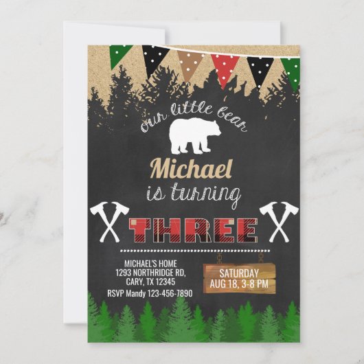 Invitation Lumberjack garçon 3ème anniversaire invitation. (Devant)