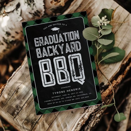 Invitation Lumberjack Green Plaid BQ Graduation Party
