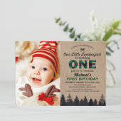 Invitation Lumberjack Green Plaid First Birthday Baby Photo (Debout devant)