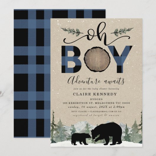 Invitation Lumberjack Navy Flannel Kraft Oh Boy Baby shower (Devant / Derrière)