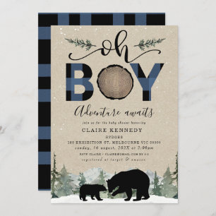 Invitation Lumberjack Navy Flannel Kraft Oh Boy Baby shower