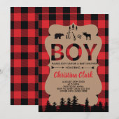 Invitation Lumberjack Oear Flannel Boy Baby shower (Devant / Derrière)