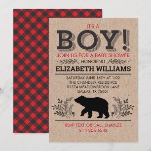Invitation Lumberjack ours Flannel Rustic Boy Baby shower