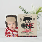 Invitation Lumberjack petit ours Photo 1er anniversaire Invit (Debout devant)