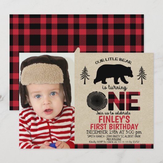 Invitation Lumberjack petit ours Photo 1er anniversaire Invit (Devant / Derrière)
