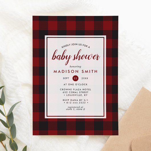 Invitation Lumberjack Plaid Red Black Rustique Baby shower
